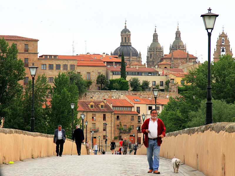 La gente y un perro caminan por el puente romano ascendente con la ciudad de Salamanca y la catedral al fondo