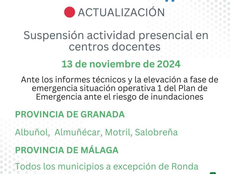 Se suspenden las clases en Almuñécar, Motril, Salobreña y Albuñol este miércoles por la dana