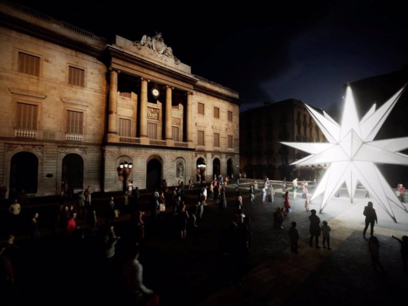 14/11/2024 Simulación gráfica de cómo será la estrella luminosa que se ubicará en la plaza Sant Jaume en Barcelona.

El Ayuntamiento tendrá un belén tradicional en el patio de Carruatges y el Palau de la Generalitat tendrá otro

   BARCELONA, 14 (EUROPA PRESS) 

   El concejal de Cultura del Ayuntamiento de Barcelona, Xavier Marcé, ha anunciado este jueves que este año se ha decidido sustituir el belén de la plaza de Sant Jaume por una estrella metálica luminosa de nueve metros de altura con 20 puntas de cuatro metros de largo y de 2,5 toneladas de peso y con luces LED.

   En una rueda de prensa, Marcé ha explicado que el consistorio tendrá un belén tradicional de la Associació de Pessebristes de Barcelona en el patio de Carruatges del Ayuntamiento, que hasta ahora se exhibia en el Museu marès.

   Este belén estará inspirado en el mar --con motivo de la Copa América-- y conmemorará el centenario del poeta Joan Salvat-Papasseit.

    La estrella de 20 puntas se instalará el 29 de noviembre y estará en la plaza hasta el 5 de enero, se iluminará de 18.30 a 22 y ofrecerá un "espectáculo audiovisual inmersivo" cada 30 minutos, que iluminará las fachadas del Ayuntamiento y del Palau de la Generalitat.

   La pieza se ubicará en un lateral de la plaza Sant Jaume, cerca de la calle de Ferran y la del Call, y está previsto que con la puesta de sol se transforme en un faro luminoso que proyecte sus reflejos en las fachadas de los dos edificios institucionales.

"SIN CONTAMINACIÓN ACÚSTICA" 

   Se habilitará un código QR que, al escanearse, abrirá un mapa interactivo y emitirá a través del móvil el sonido de la plaza en tiempo real, por lo que se podrá escuhar a través de auriculares y se tratará de un espectáculo "sin contaminación acústica", según uno de los creadores de la pieza, Álex Posada y Xevi Bayona.

    Los autores del proyecto han llamado 'Origen' a la figura, y han explicado que la estrella es la forma simbólica que se puede encontrar en "to