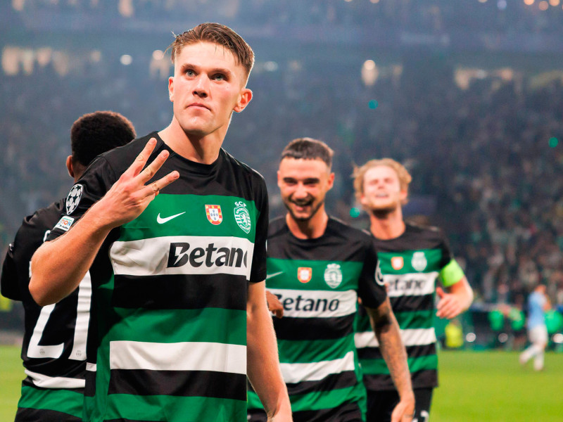 Gyökeres celebra uno de los tres goles marcados al Manchester City en la Champions League