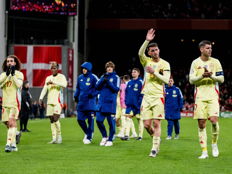 Los jugadores de la selección española celebran el triunfo contra Dinamarca.