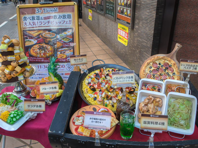 Japón, ciudad de Tokio, distrito de Shinjuku, muestras de comida de restaurantes