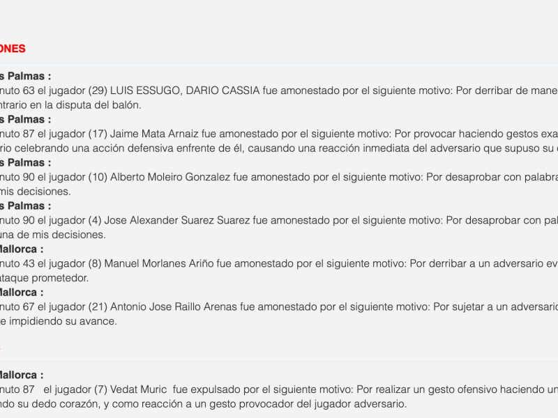 Acta arbitral del partido entre Las Palmas y Mallorca.