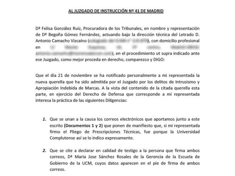 Los correos que Begoña Gómez aporta al juez y que evidencian que la asesora de Moncloa participó en gestiones de la UCM