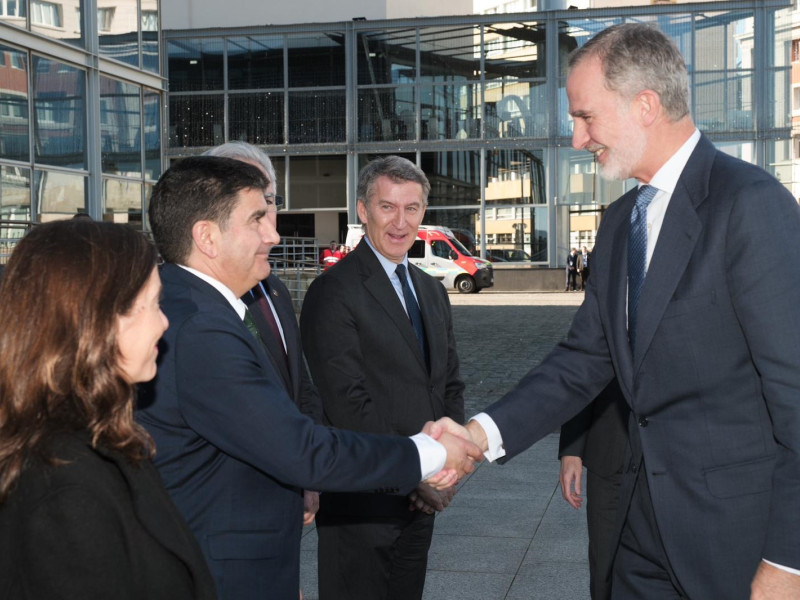 El rey Felipe VI saluda al delegado del Gobierno en Galicia, Pedro Blanco