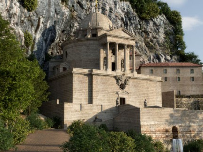 Recreación del templo de Ventura Rodríguez en Covadonga