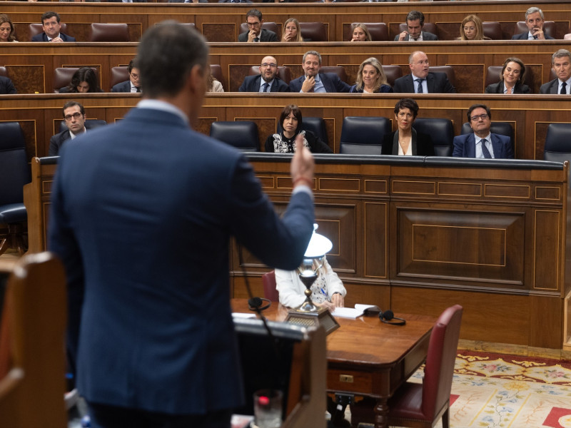 El presidente del Gobierno, Pedro Sánchez, interviene durante una sesión de control al Gobierno, en el Congreso de los Diputados, a 27 de noviembre de 2024, en Madrid