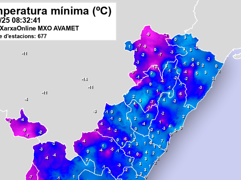 Temperaturas mínimas en la red de estaciones meteorológicas de Avamet