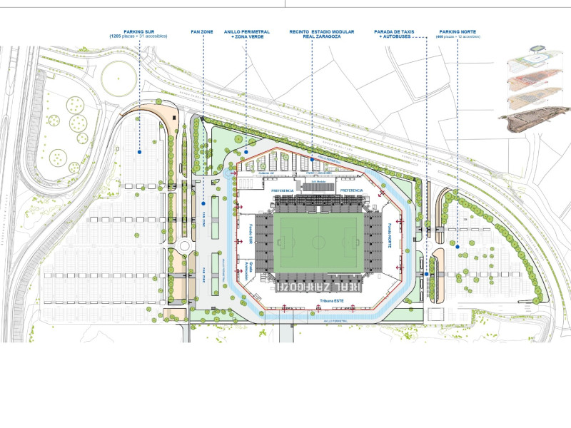 Plano del estadio modular y sus exteriores