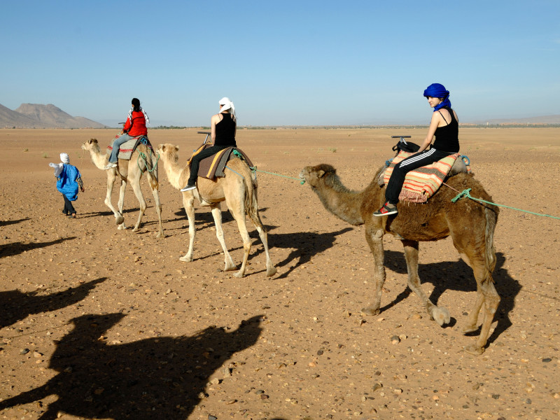 Turistas montando en camello en el desierto del Sahara cerca de Zagora, Marruecos