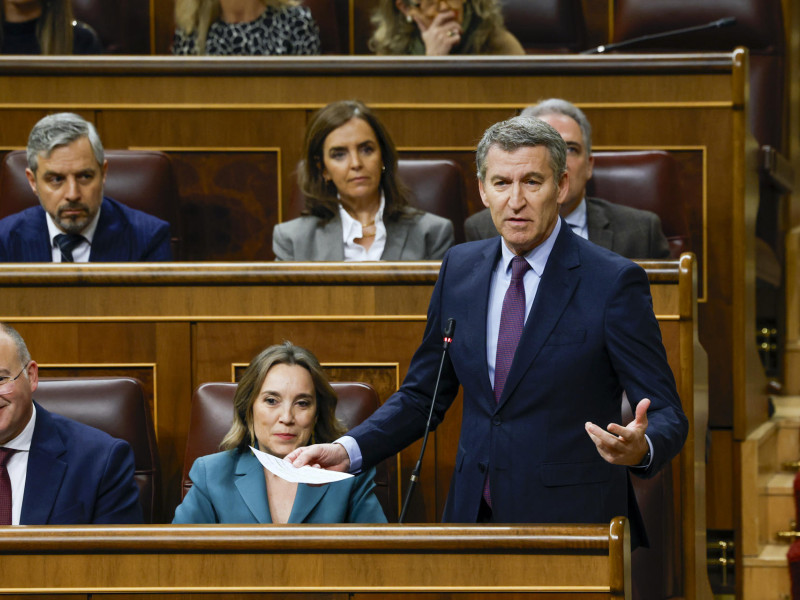 Alberto Núñez Feijóo durante el cara a cara con Sánchez en la primera sesión de control al Gobierno en el nuevo periodo de sesiones de 2025