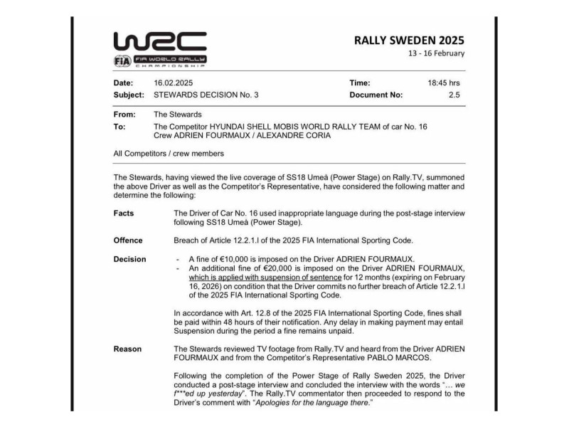 Nota de la FIA que recoge la sanción para el piloto Adrien Fourmaux en el Rally de Suecia