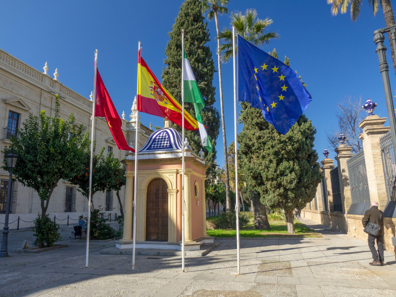 Banderas a la entrada de la Universidad de Sevilla, Sevilla