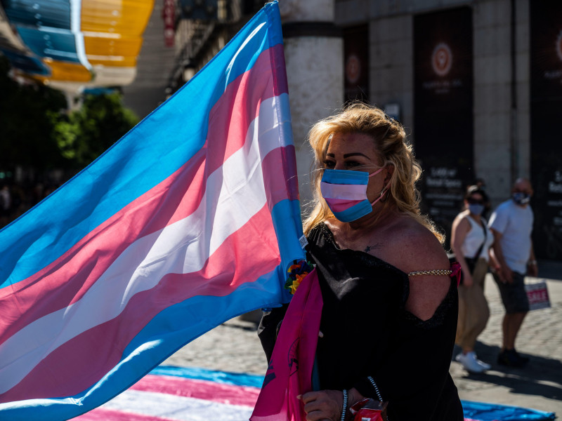 2C5PW2B Madrid, Spain. 04th July, 2020. Demonstrator with the Trans flag attends a protest where Trans community demand a state law that will guarantee gender self-determination. The protest coincides with the Pride celebrations that are taking place this week. Credit: Marcos del Mazo/Alamy Live News