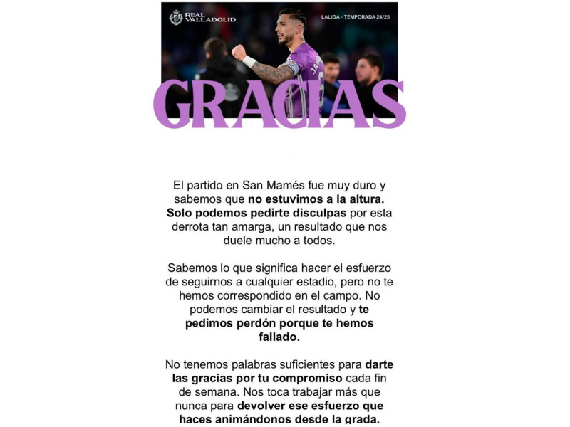 El escrito del Real Valladolid a sus aficionados por lo ocurrido en San Mamés