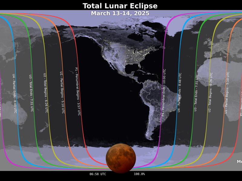 Mapa que muestra dónde será visible el eclipse lunar del 13 y 14 de marzo de 2025