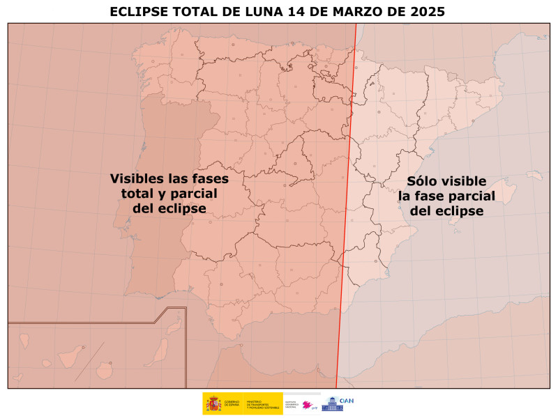 Mapa de España con las zonas en las que será visible la Luna de sangre, distinguiendo entre fases total o parcial