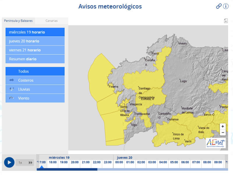 Captura del mapa de avisos de la AEMET por el temporal Martinho