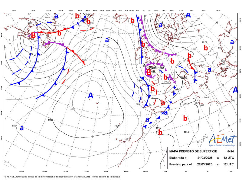 Mapa de isobaras de la Aemet con la previsión para el fin de semana