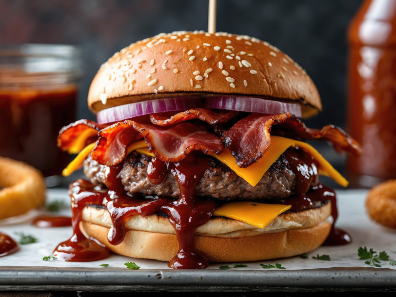 Hamburguesa de vacuno con cebolla y salsa barbacoa.