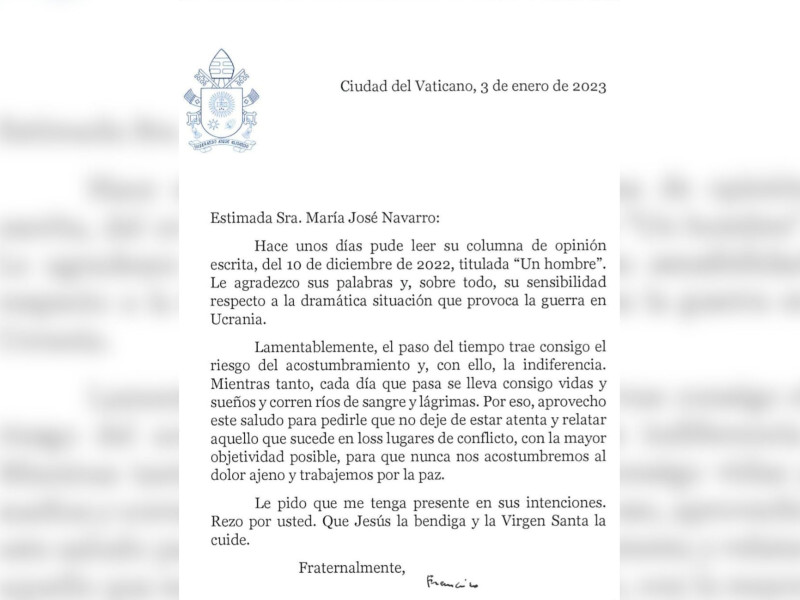 La carta que recibió María José Navarro del Papa Francisco