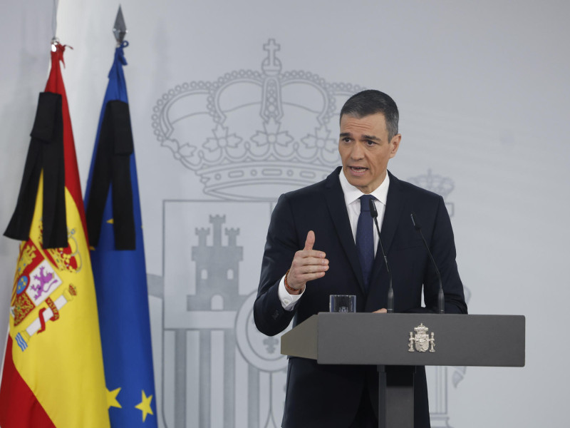 MADRID, 22/04/2025.- El presidente del Gobierno, Pedro Sánchez, durante su comparecencia tras el Consejo de Ministros de este martes.