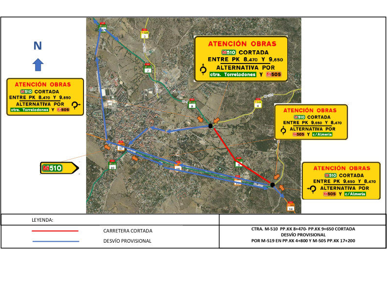Plano del corte total del tramo de la M-510 por obras de rehabilitación