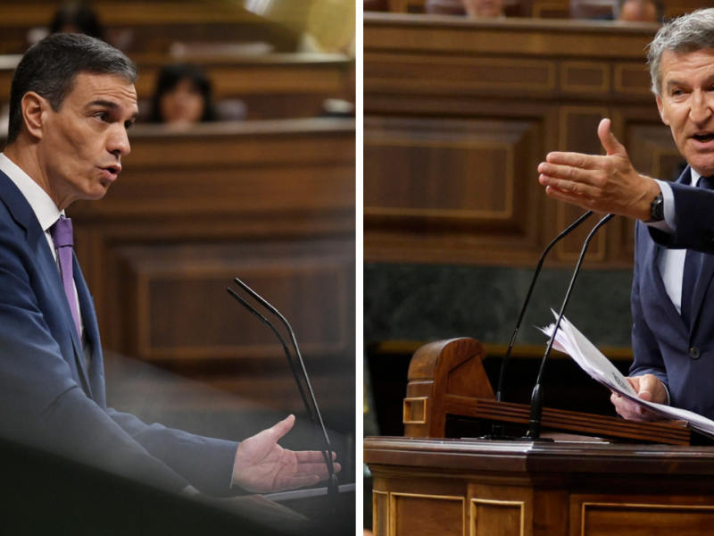 Sánchez y Feijóo durante el pleno por el apagón y el plan de defensa en el Congreso
