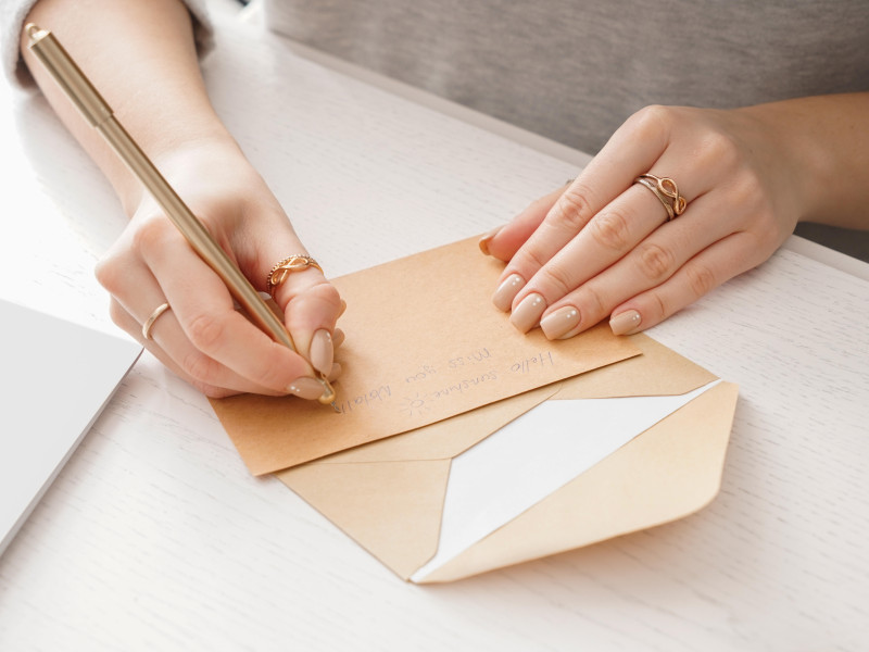Mujer joven escribiendo una carta en la mesa