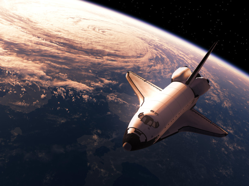 Transbordador espacial en el espacio. Escena realista en 3D.