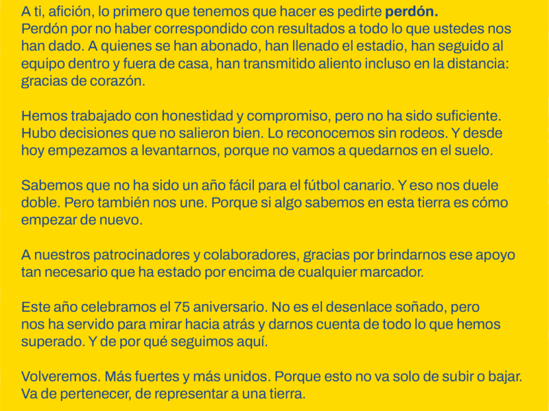 Comunicado tras el descenso de la UD Las Palmas