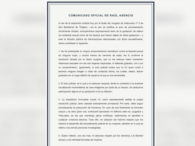 Comunicado de Raúl Asencio en sus redes sociales