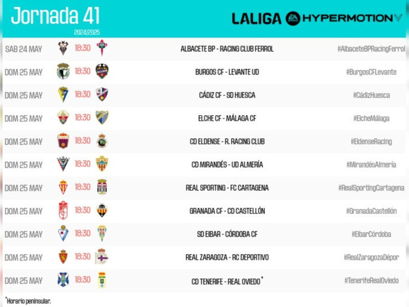 Horarios de la 41ª jornada de Segunda División