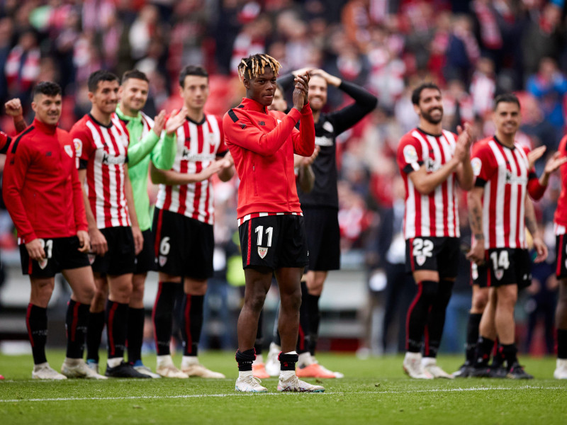 Nico Williams del Athletic Club reacciona tras el partido de LaLiga Santander entre el Athletic Club y la Real Sociedad en San Mamés el 15 de abril de 2023 en Bilbao, España.