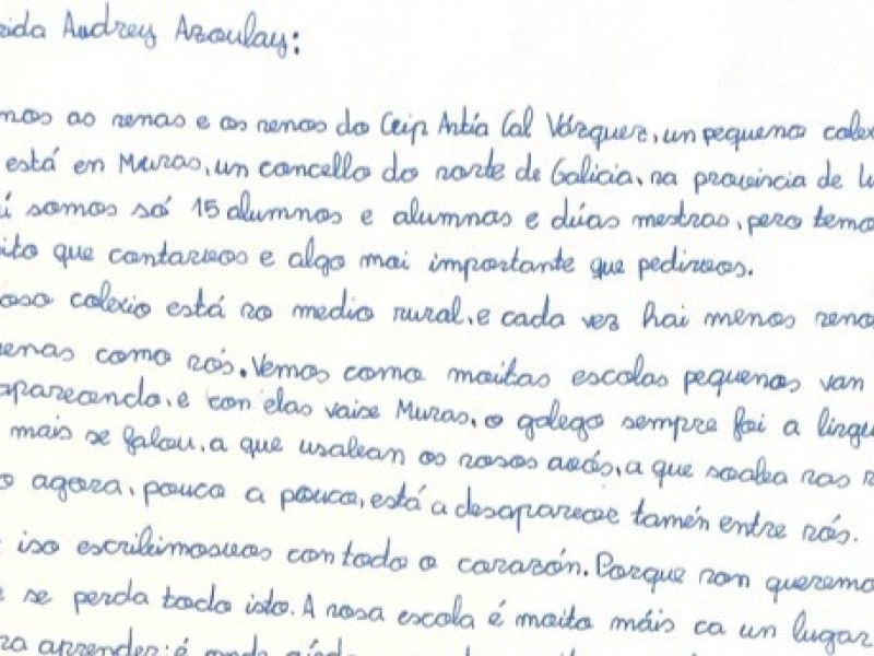 Fragmento de la carta enviada por los alumnos de la escuela de Muras a la Unesco
