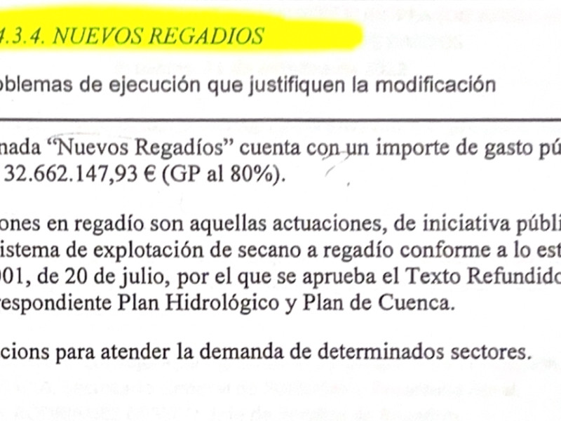 Versión 7.2 del PDR, que ya no contiene el regadío de Barros