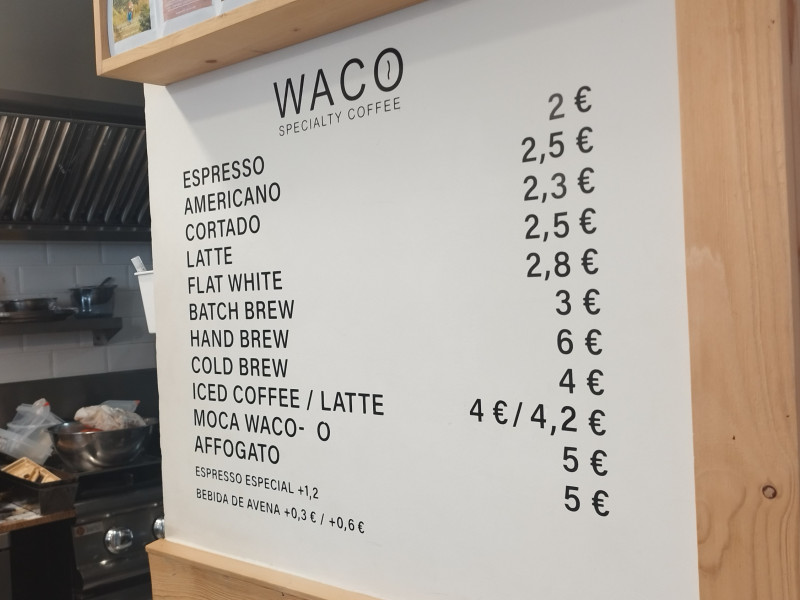 Lista de precios en la cafetería