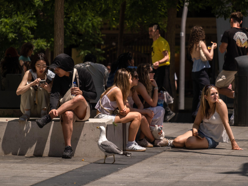 Un grupo de turistas come y descansa, resguardándose del sol, en la Plaza de la Gardunya