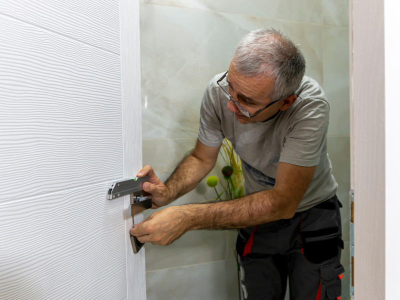 Un hombre toma un nivel para controlar las obras de instalación en una casa