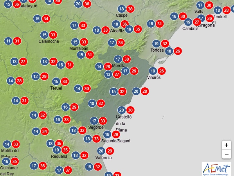 Previsión de Aemet de temperaturas para el sábado en Castellón