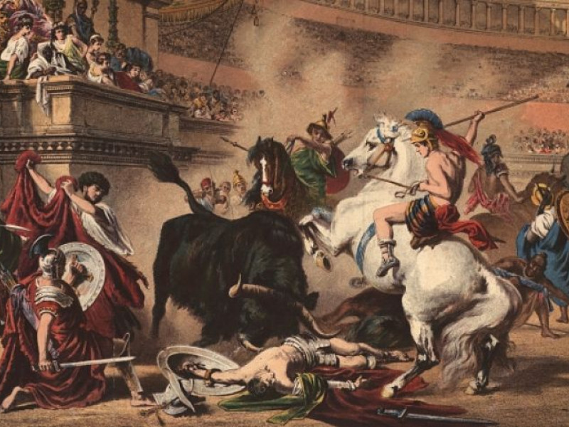 Gladiadores luchando contra un toro, grabado alemán, Die Gartenlaube , 1878