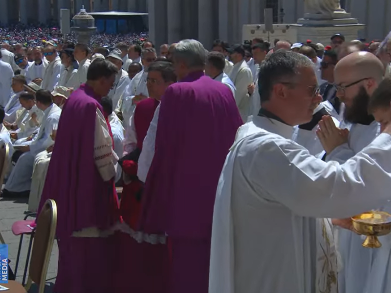Sacerdotes distribuyen la comunión entre los fieles en la Misa por el Jubileo de las Familias, NIños y Mayores