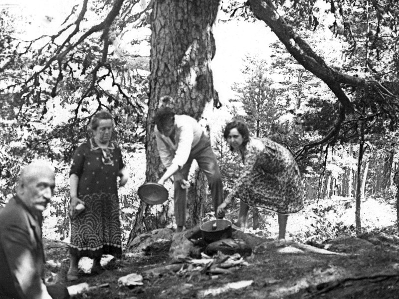 Miembros de una misma familia preparan la comida en el campo en Zarauz, 1933
