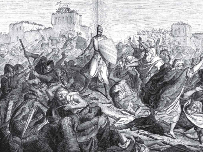 Esta pintura representa al legendario héroe español El Cid en la batalla de Alcudia, un momento clave en la Reconquista.