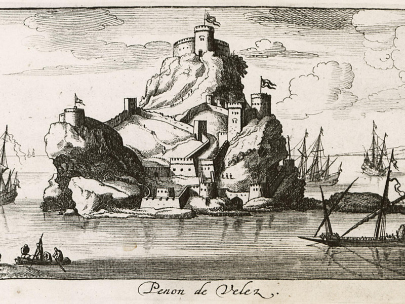«Peñón de Vélez», de Jacob Peeters, de 1686, retrata una escena de batalla naval. La pintura representa la fortaleza española de Vélez de la Gomera durante un conflicto clave en el Mediterráneo.