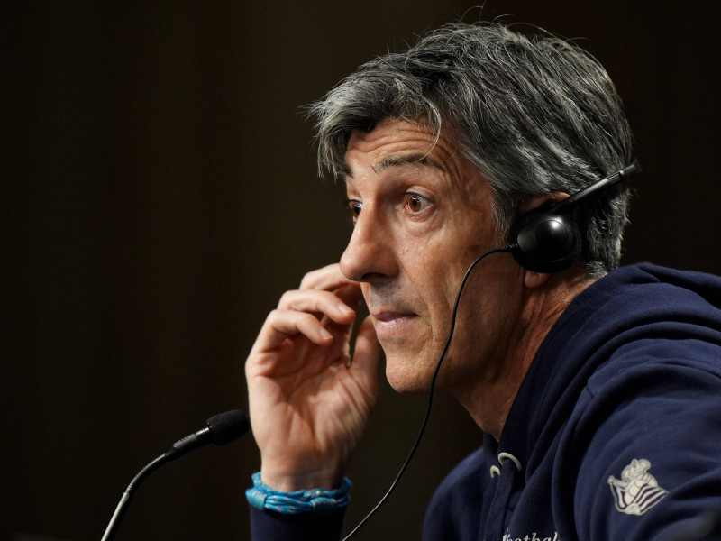 Real Sociedad's manager Imanol Alguacil during a press conference at the Reale Arena in San Sebastian, Spain. Picture date: Wednesday March 5, 2025.