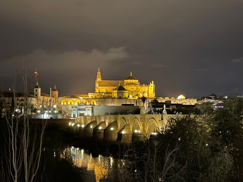 Mezquita Catedral de Córdoba iluminada en una noche con algunas nubes en el cielo