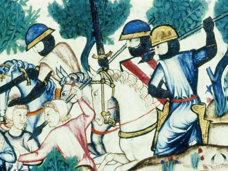 Caballería y peones luchando en una zona boscosa en una miniatura de las Cantigas de Santa María del rey Alfonso X el Sabio (1252-1284)