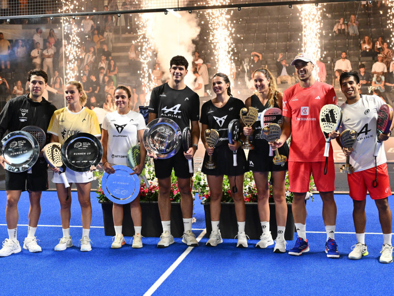 June 15, 2025, Rome, Italy: Agustin TAPIA (ARG), Ariana SANCHEZ FALLADA (ESP), Paula JOSEMARIA MARTIN (ESP), Arturo COELLO (ESP), Delfina BREA SENESI (ARG), Gemma TRIAY PONS (ESP), Alejandro GALAN (ESP) and Federico CHINGOTTO (ARG) during the Finals of the BNL Italy Major Premier Padel at Foro Italico in Rome, Italy on July 15, 2025. (Credit Image: © Domenico Cippitelli/LiveMedia-IPA/ZUMA Press Wire)