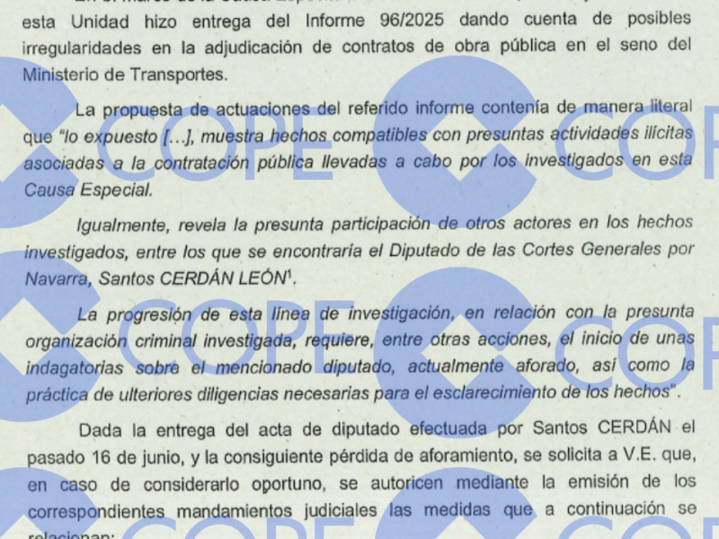 Imagen del requerimiento del Supremo sobre Santos Cerdán